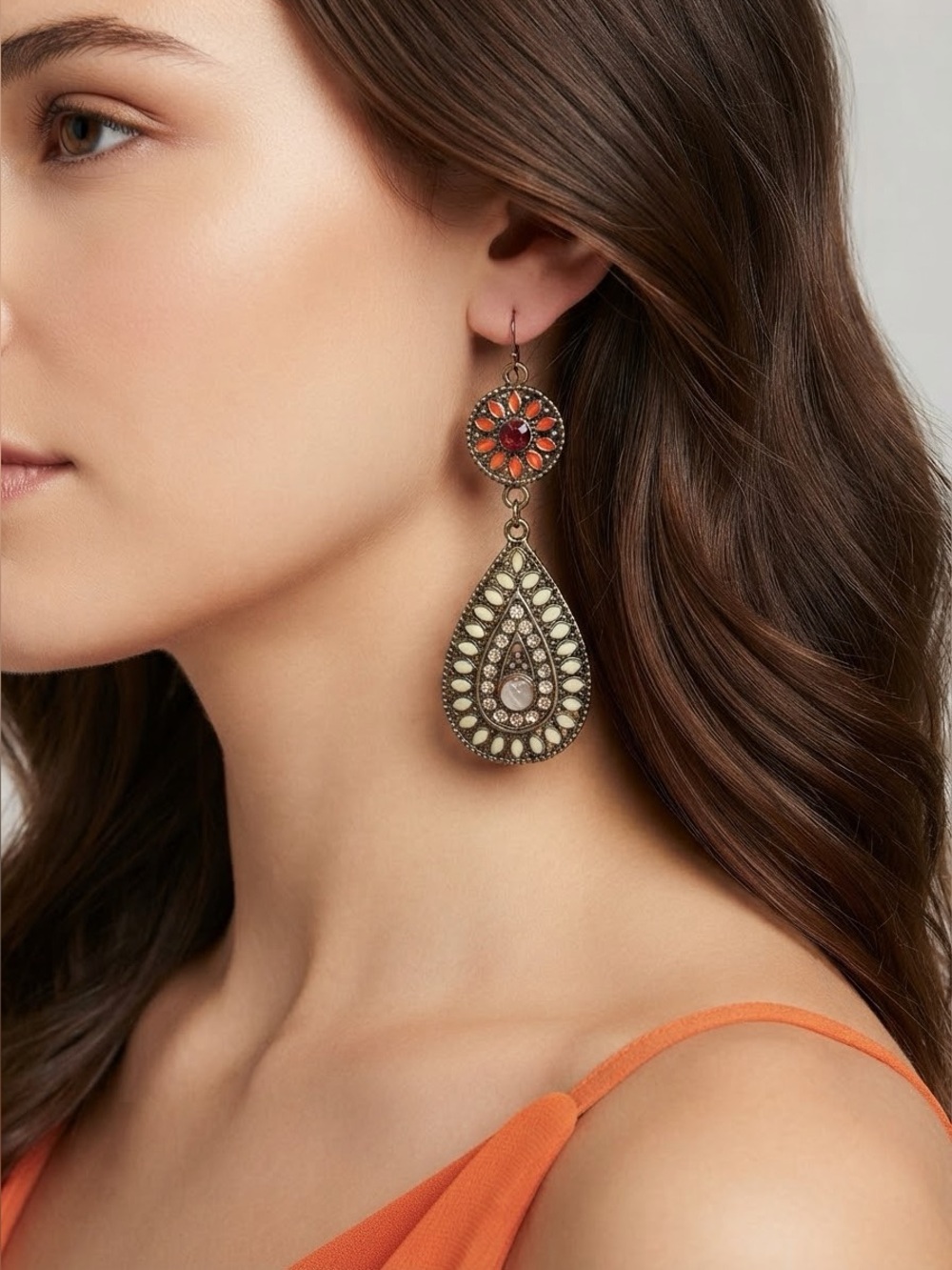 Boho Enamel Teardrop Earrings | Antique Bronze Orange & Cream Tribal Dangles